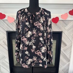 Ophelia Roe Elegant‎ Floral Long Sleeve Blouse Black Pink Romantic Tie-Neck Top